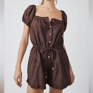Free People Dark Brown Button-Front Romper With Adjustable Waist